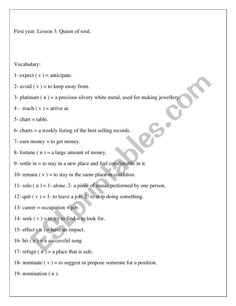 1st year lesson 3 worksheet