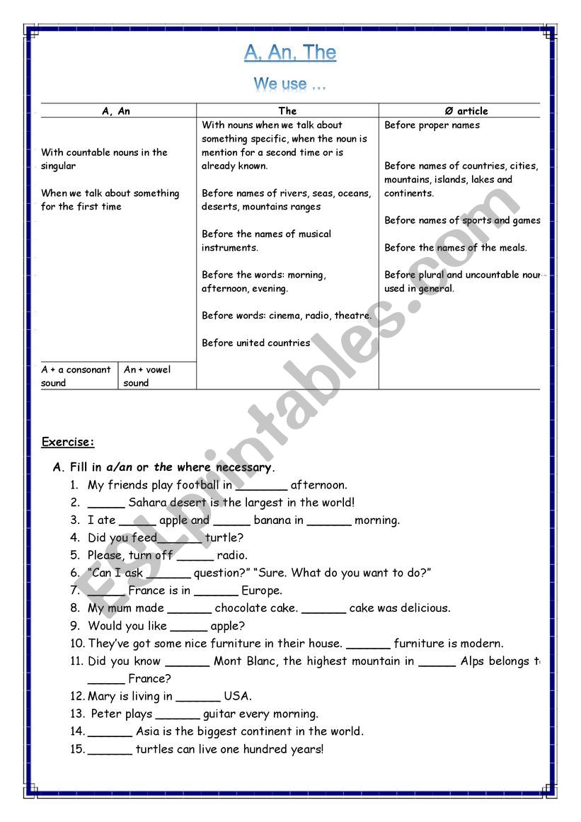 A/ An, The, 0 article worksheet