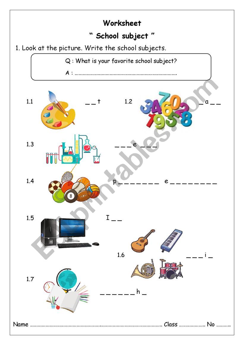 School subjects worksheet