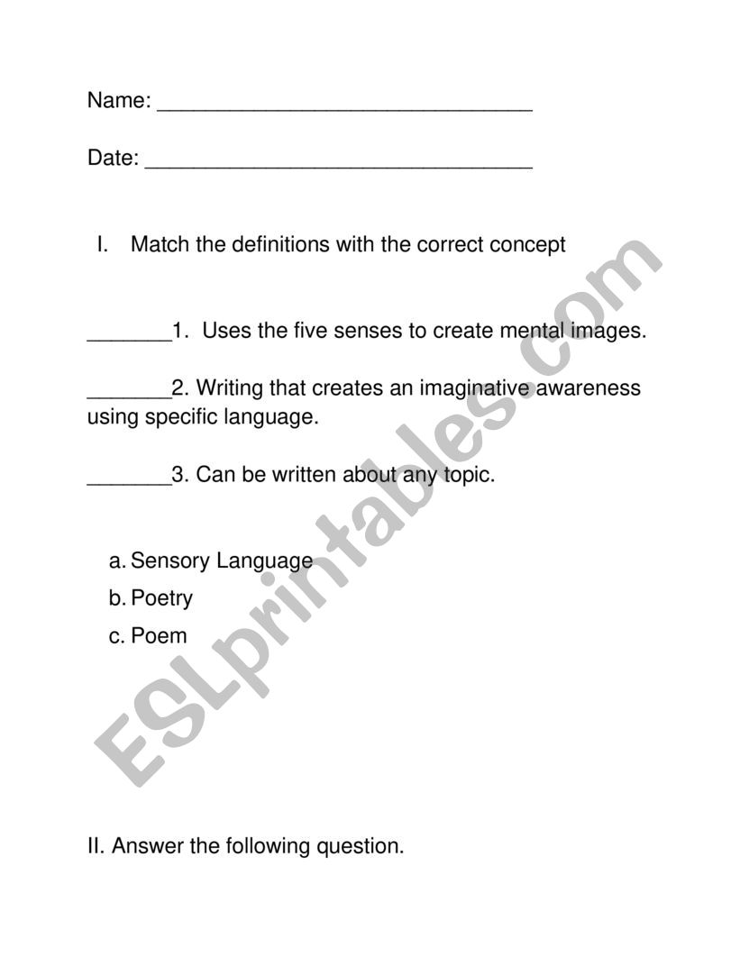 Sensory Language test worksheet