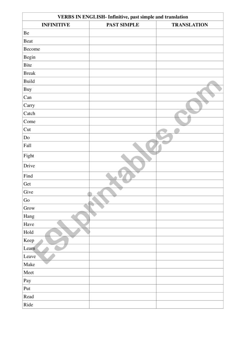 Irregular verbs in past  worksheet
