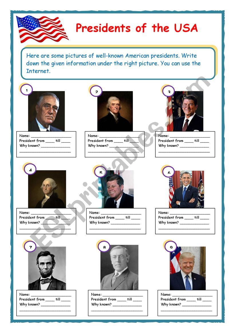 Presidents of the USA worksheet
