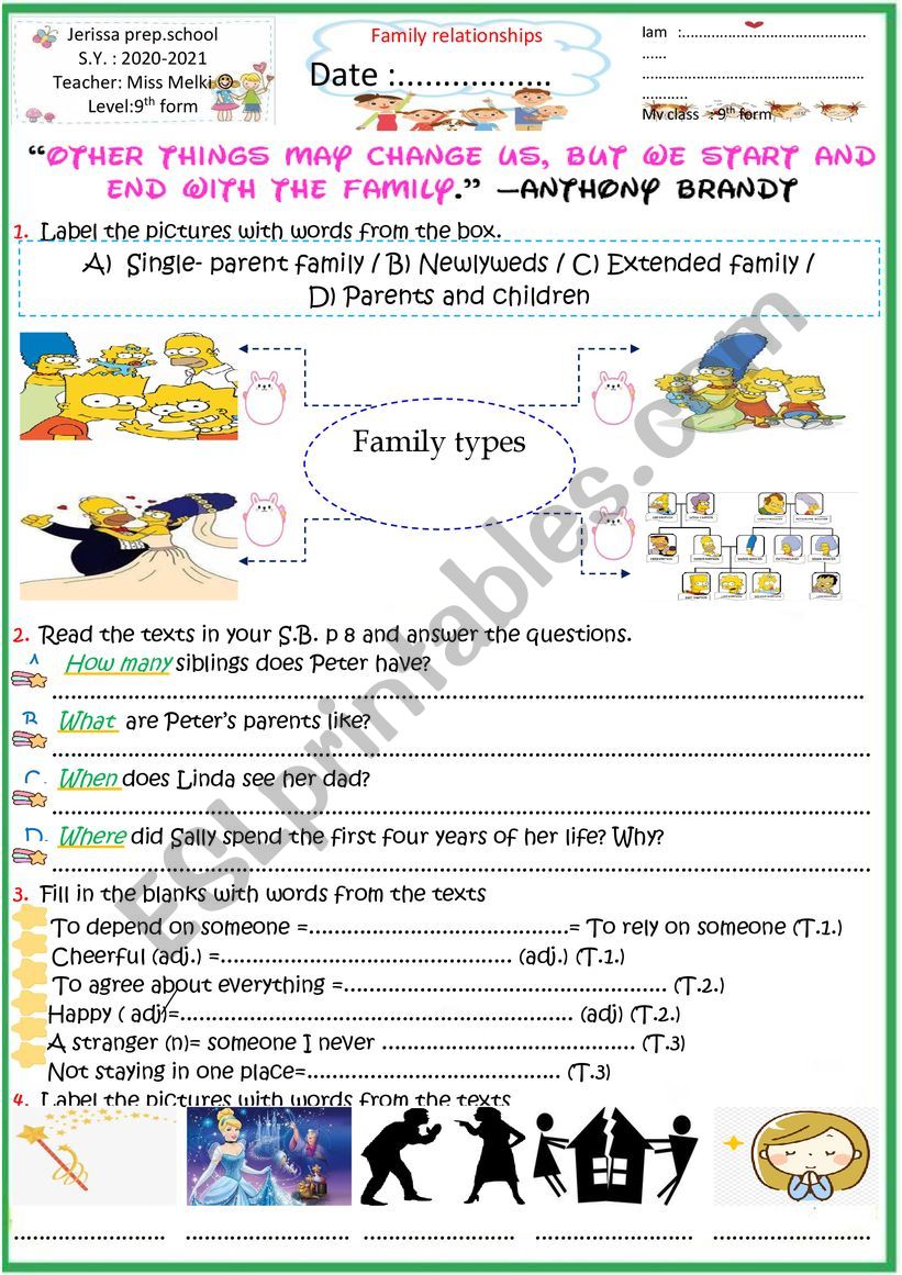 9th form Family relationships worksheet