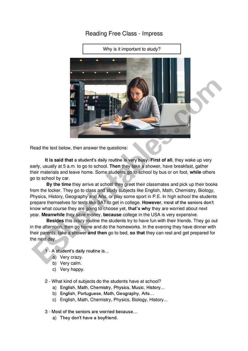 Reading task: studies worksheet