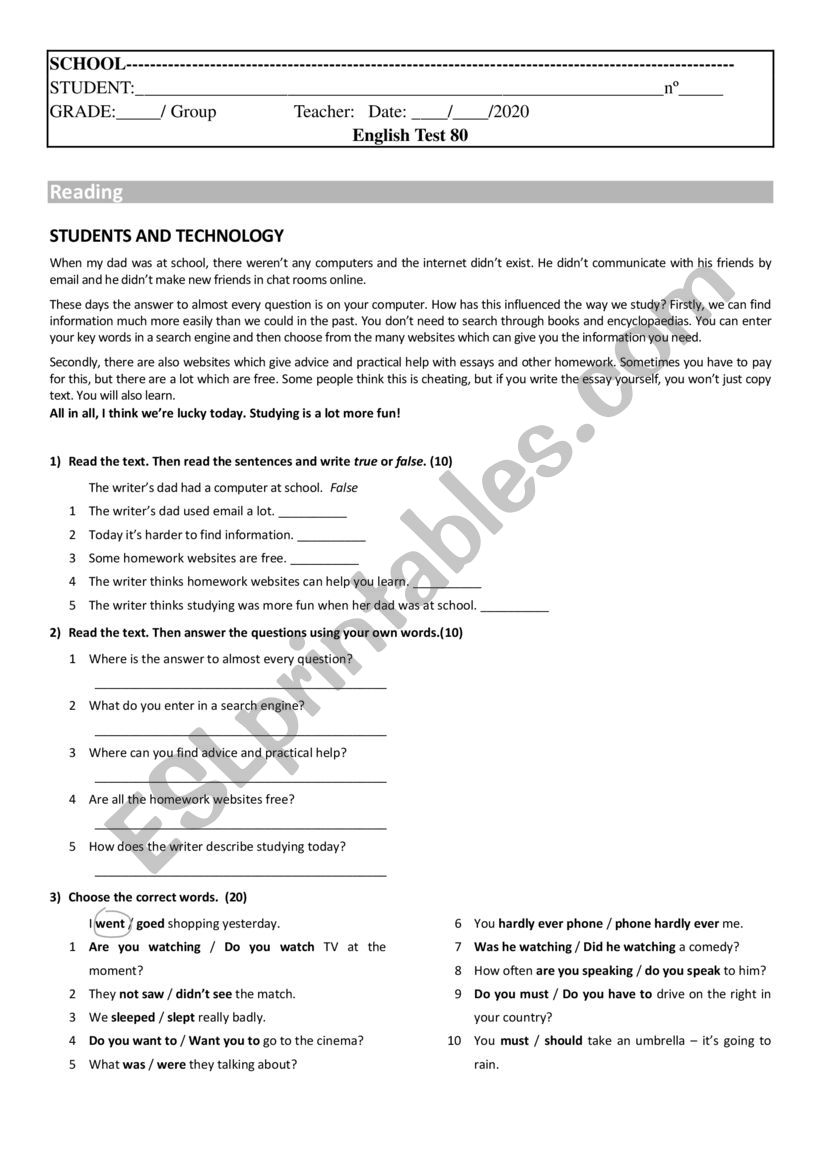 reading about technology worksheet