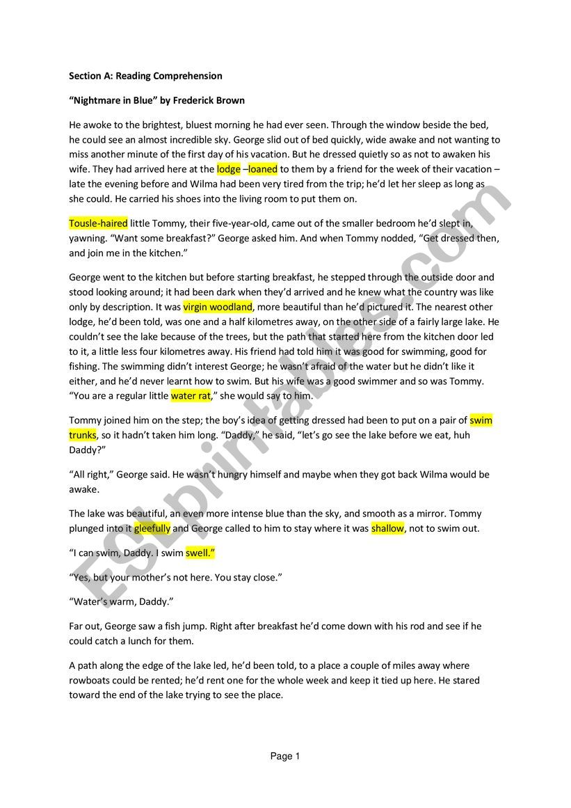 Nightmare in Blue (Reading Comprehension) 