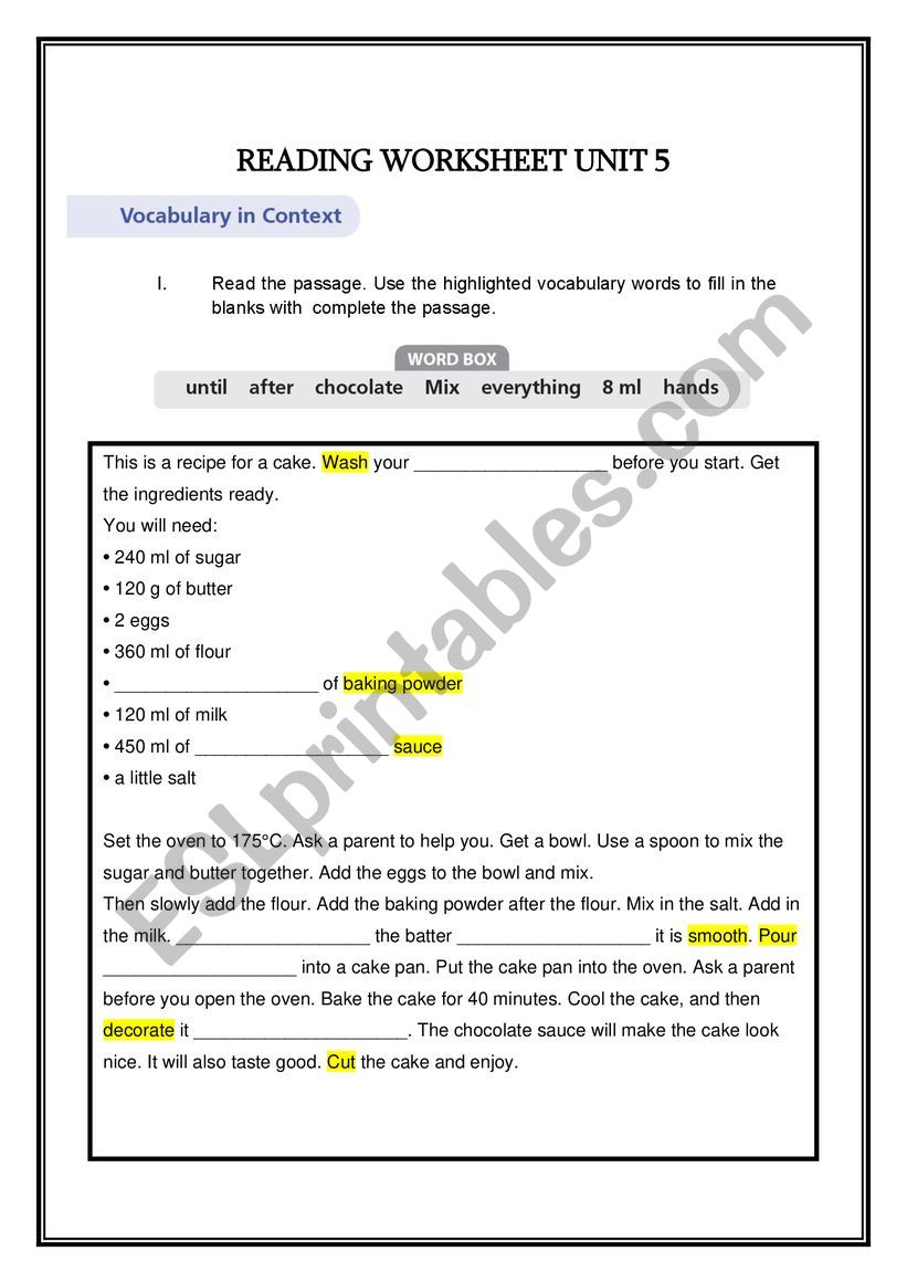 READING WORKSHEET - RECIPE worksheet