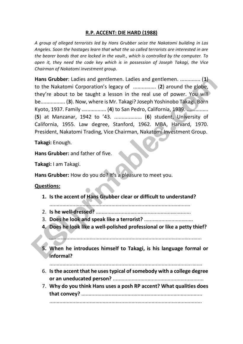R.P. ACCENT (movie: Die Hard) worksheet