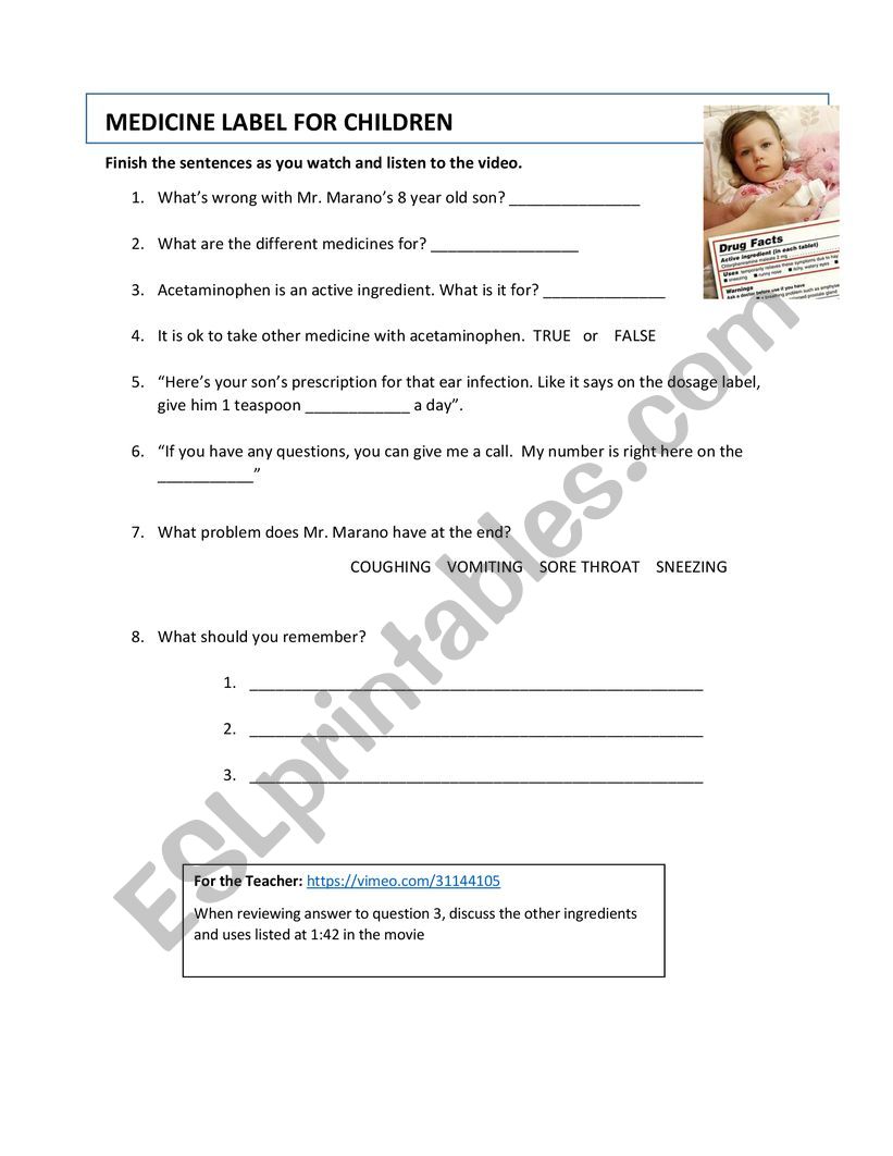 Medicine Label for Children  worksheet