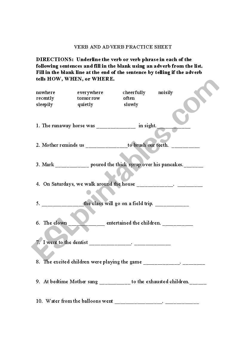 verb and adverb worksheet