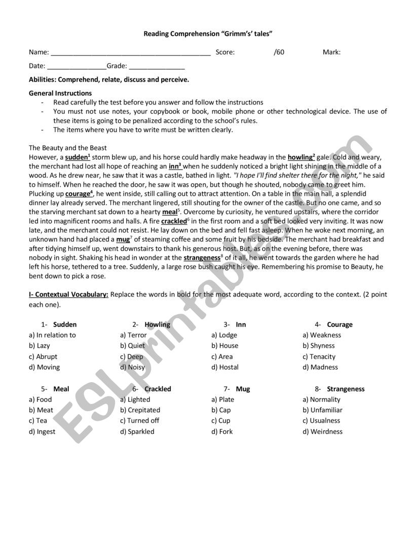 Grimm�s tales assessment worksheet