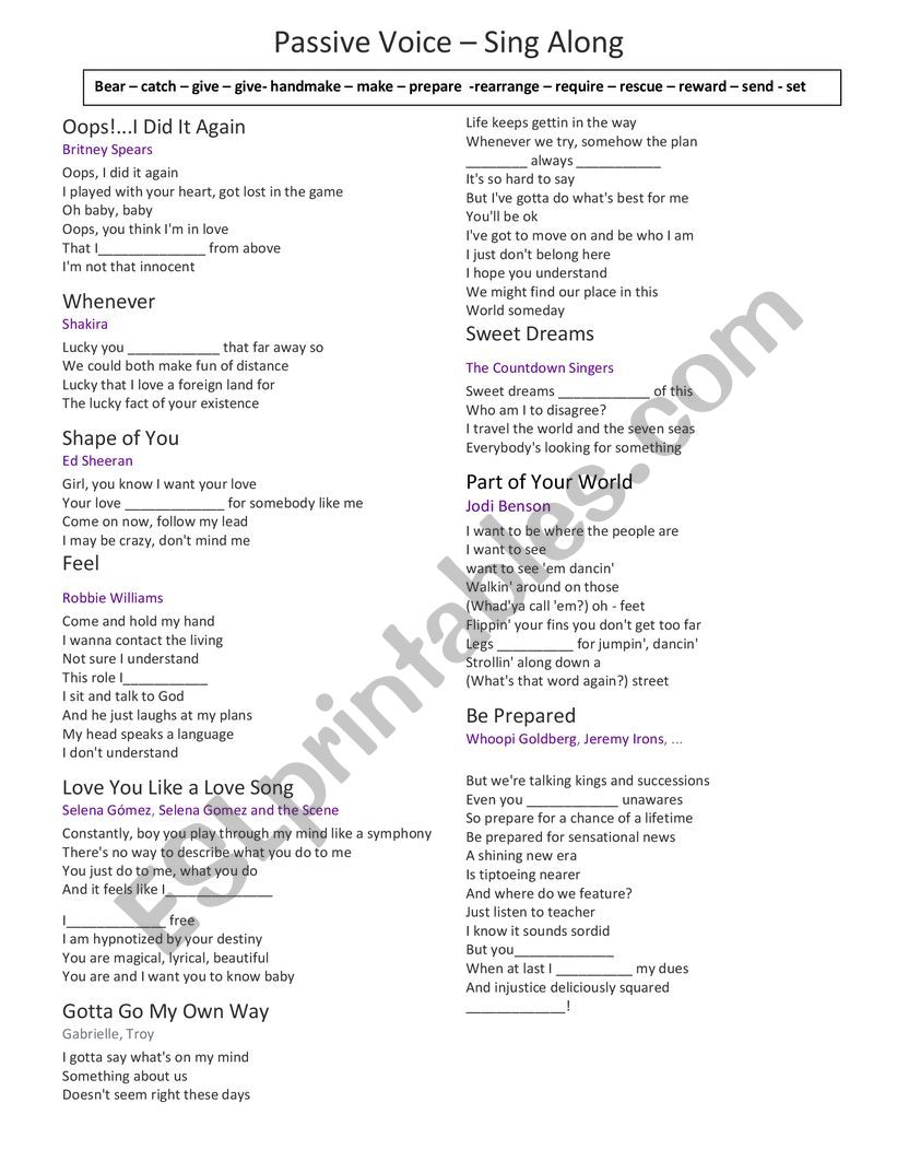 Passive Voice - Sing Along worksheet