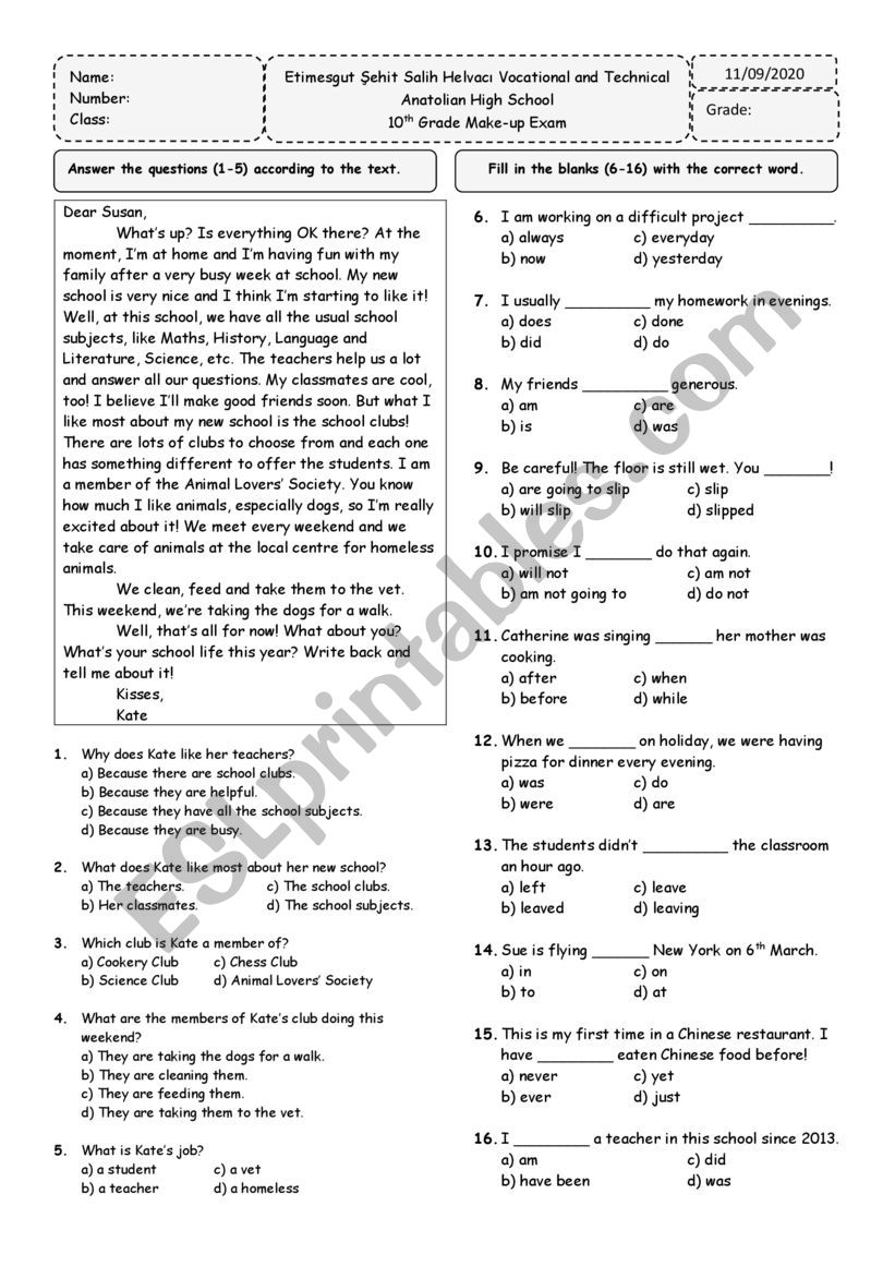 Make-up Exam worksheet