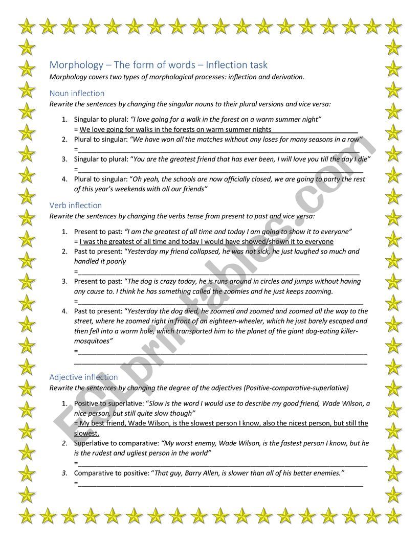 Morphology - Inflection task worksheet