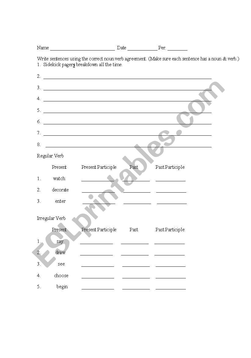 Noun Verb agreement and irregular verb practice sheet