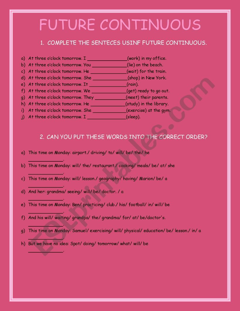 FUTURE CONTINUOUS worksheet