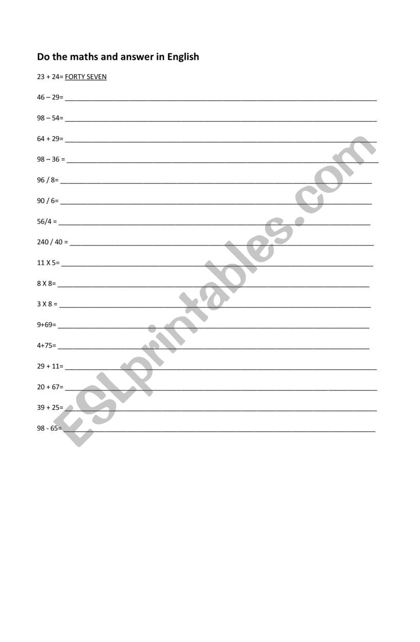 MATHS OPERATIONS_WRITING worksheet