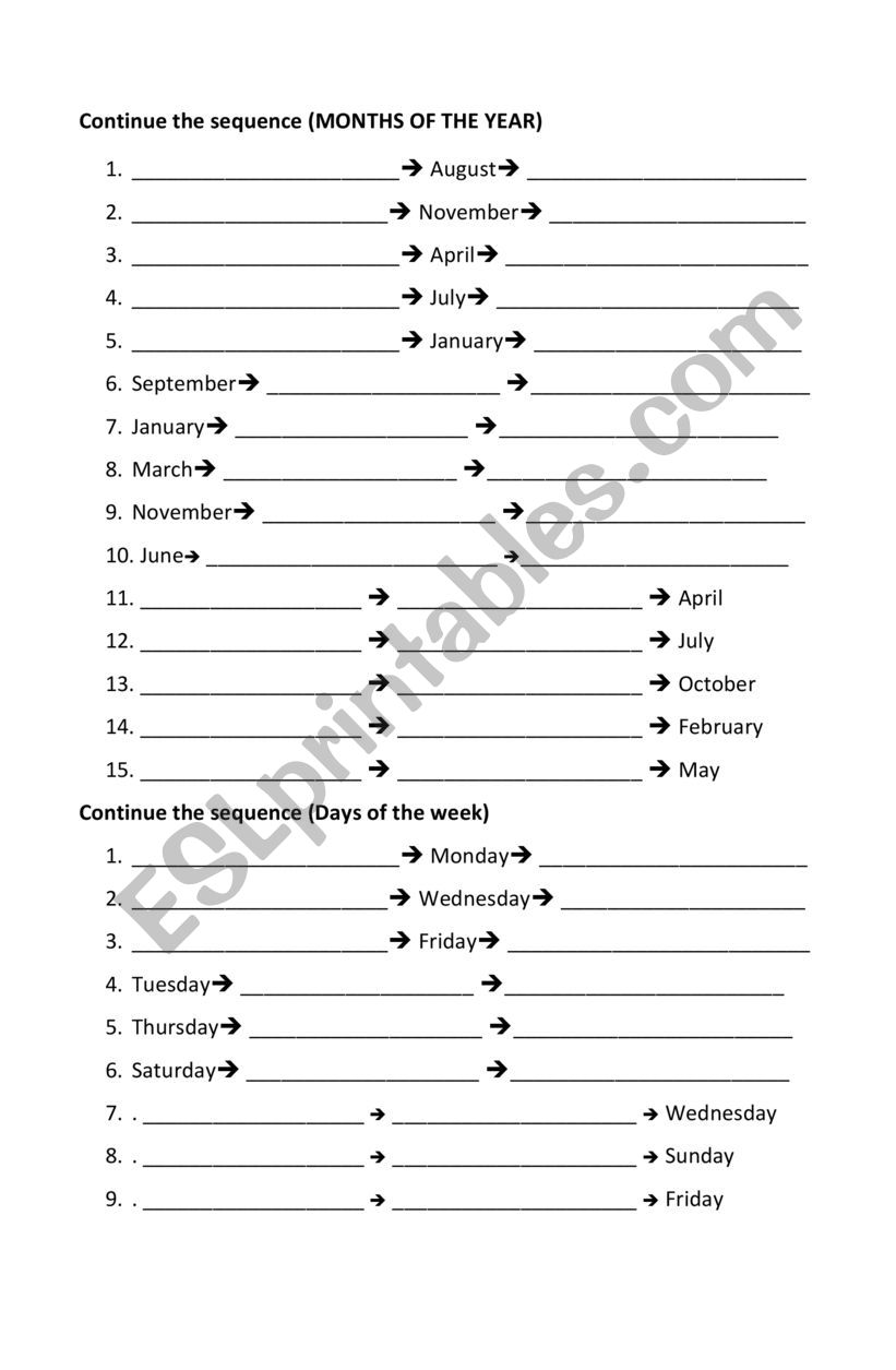 SEQUENCE MONTHS, DAYS OF THE WEEK