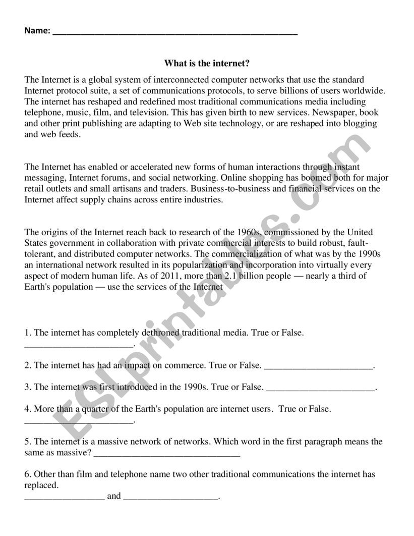 The Internet Intermediate worksheet