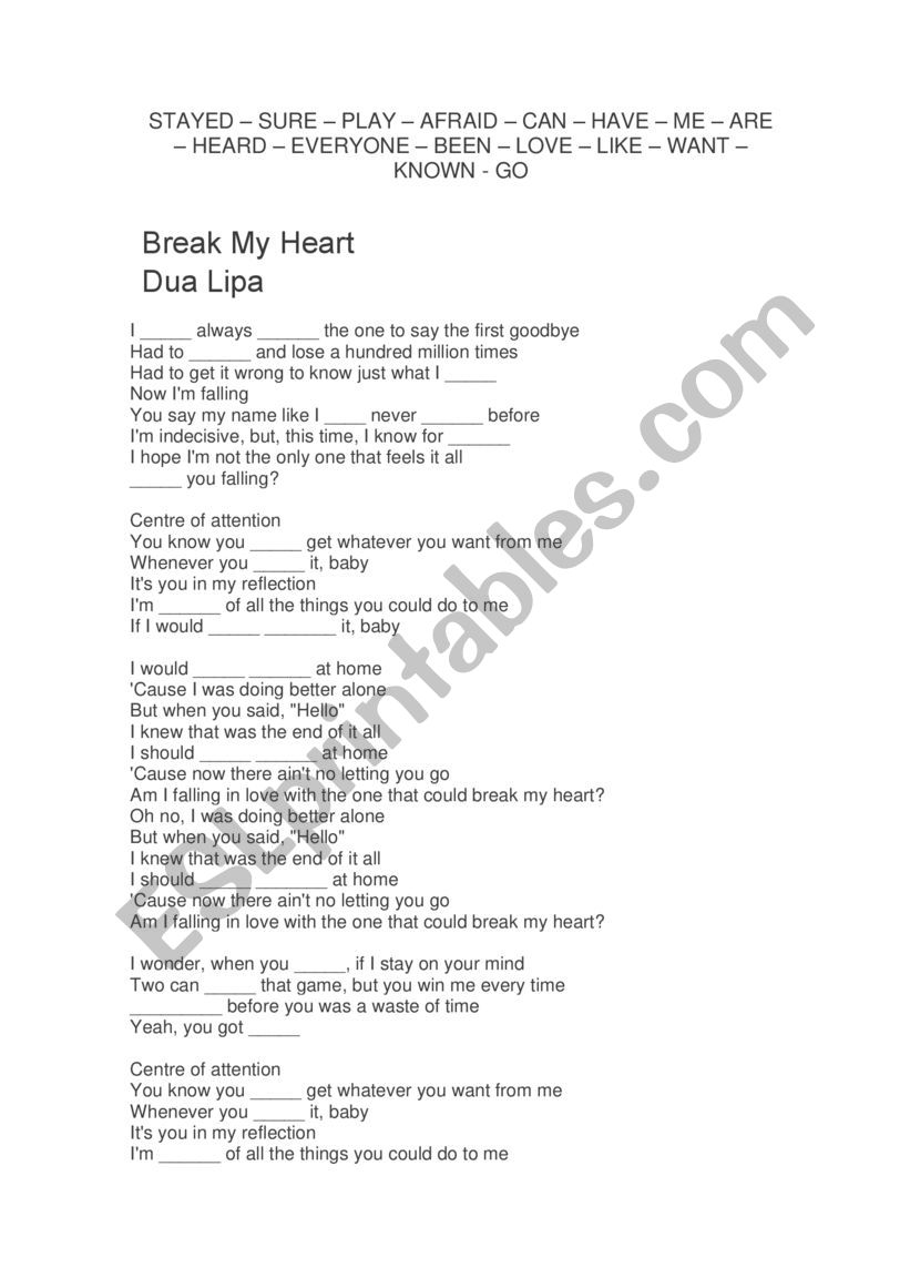 Break my heart (Dua Lipa) worksheet