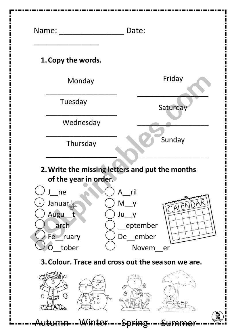 DAYS AND MONTHS WORKSHEET worksheet