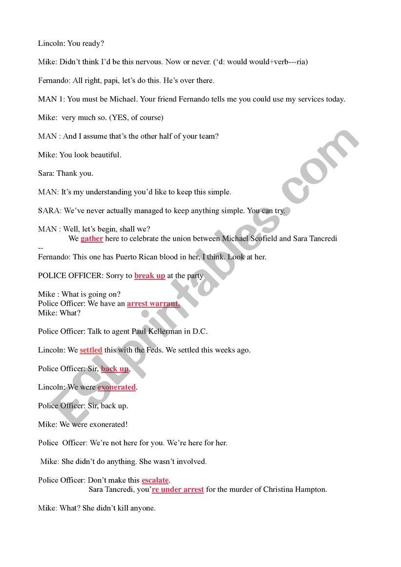 Prison Break . Wedding Scene worksheet