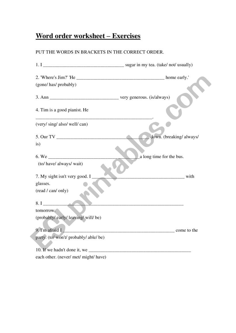 Word Order worksheet
