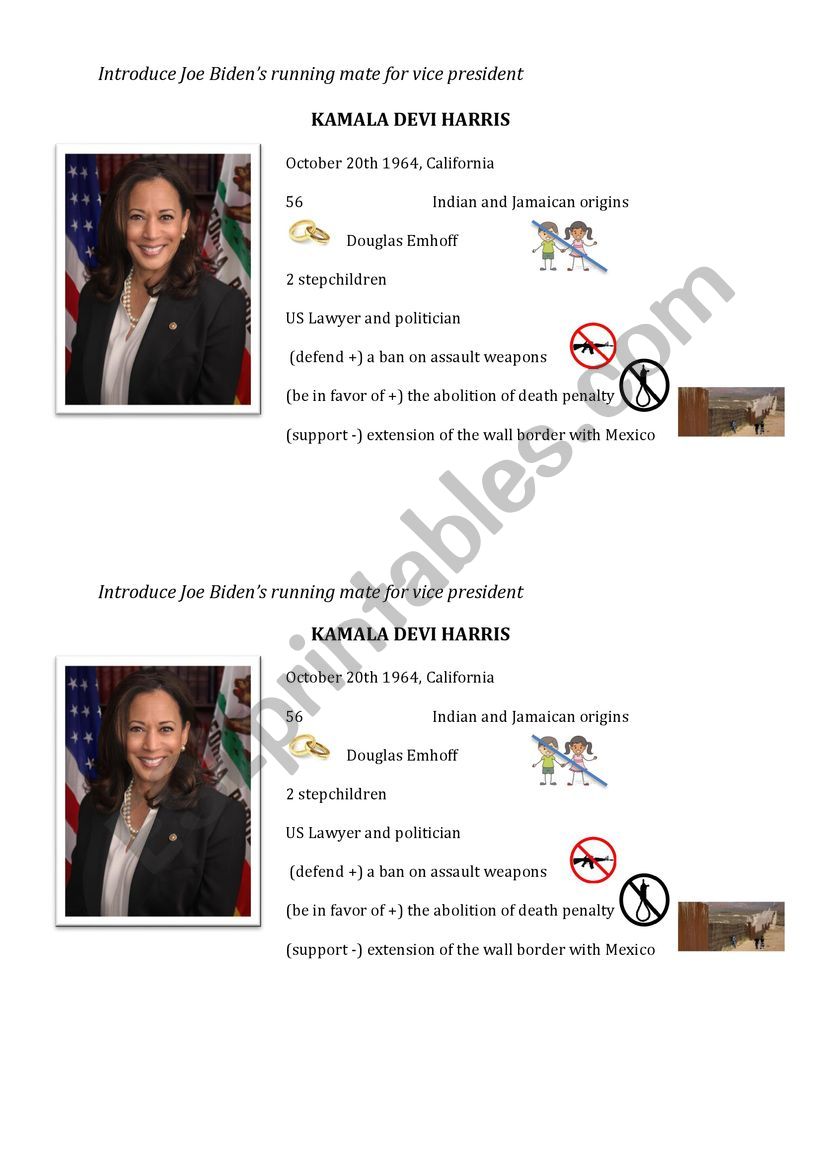 Introduce Kamala D Harris worksheet