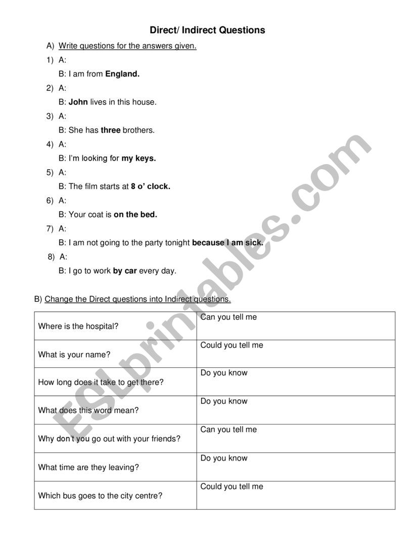 direct/ indirect questions worksheet
