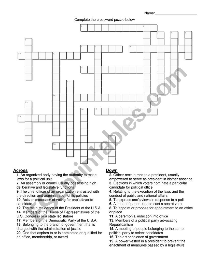 American Electoral System Crossword Puzzle