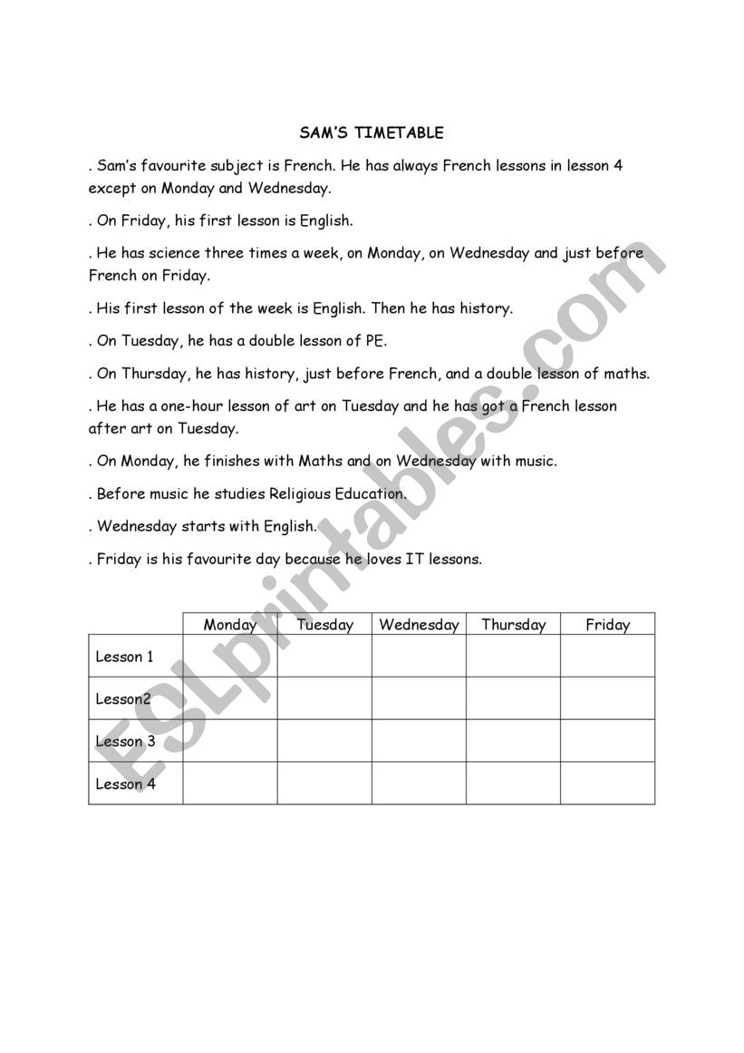 Sam�s timetable worksheet