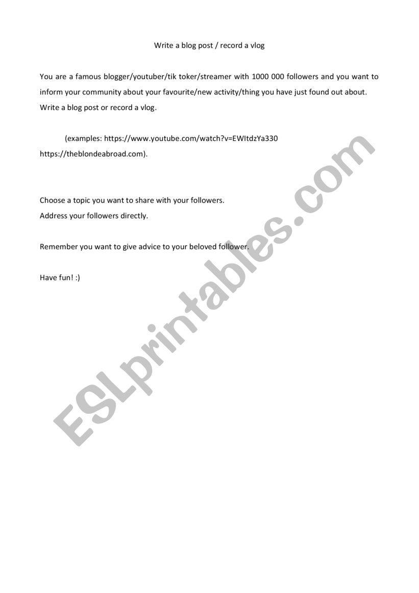 You are a blogger worksheet