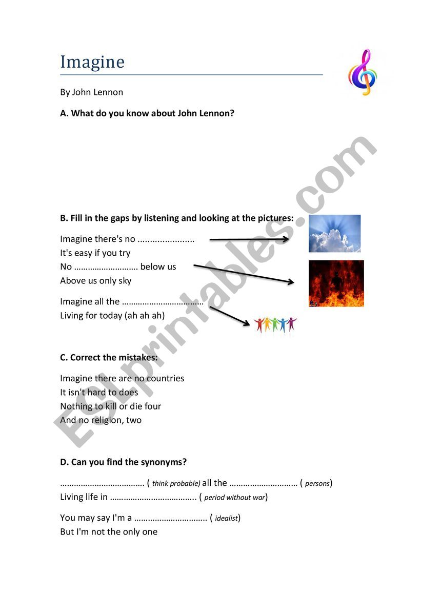 Imagine By John Lennon worksheet