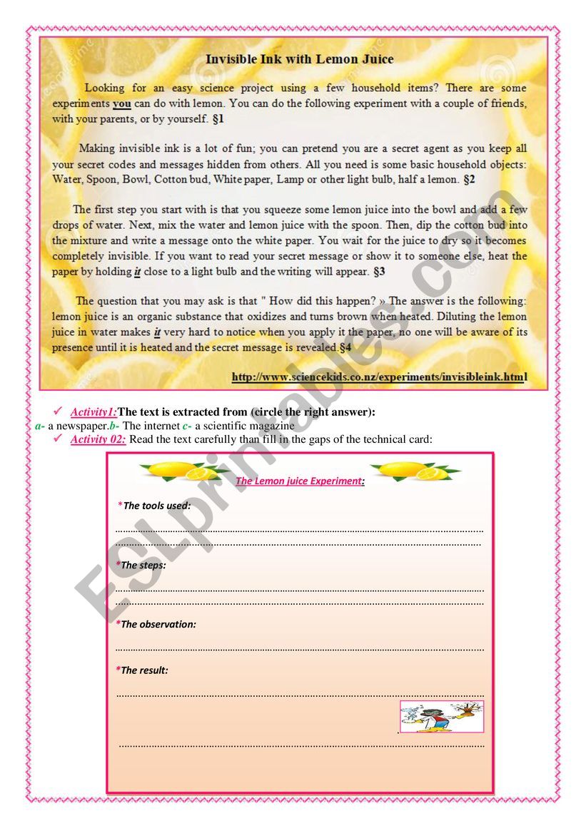 The Lemon juice Experiment worksheet