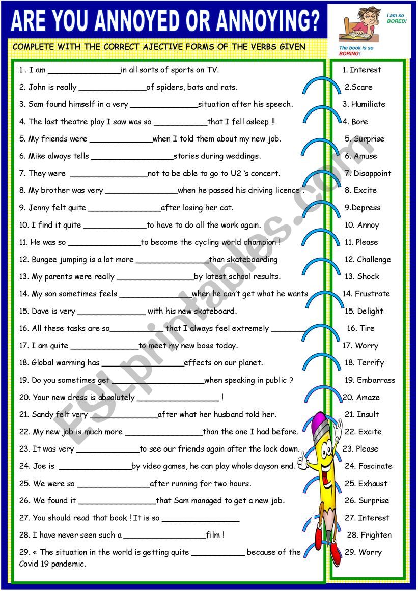 Adjectives ED or ING with KEY worksheet