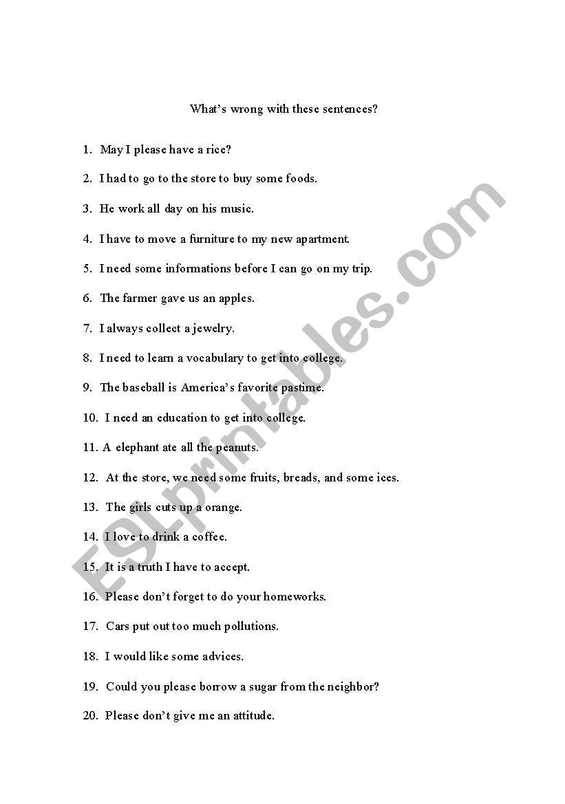 Practice worksheet (count and non count nouns)