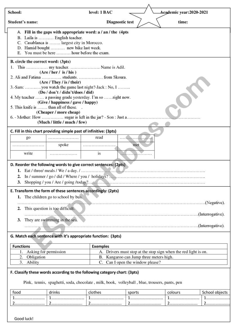 Entrance-diagnostic test for 1 bac