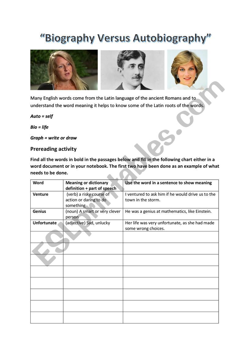 autobiography and biography worksheets