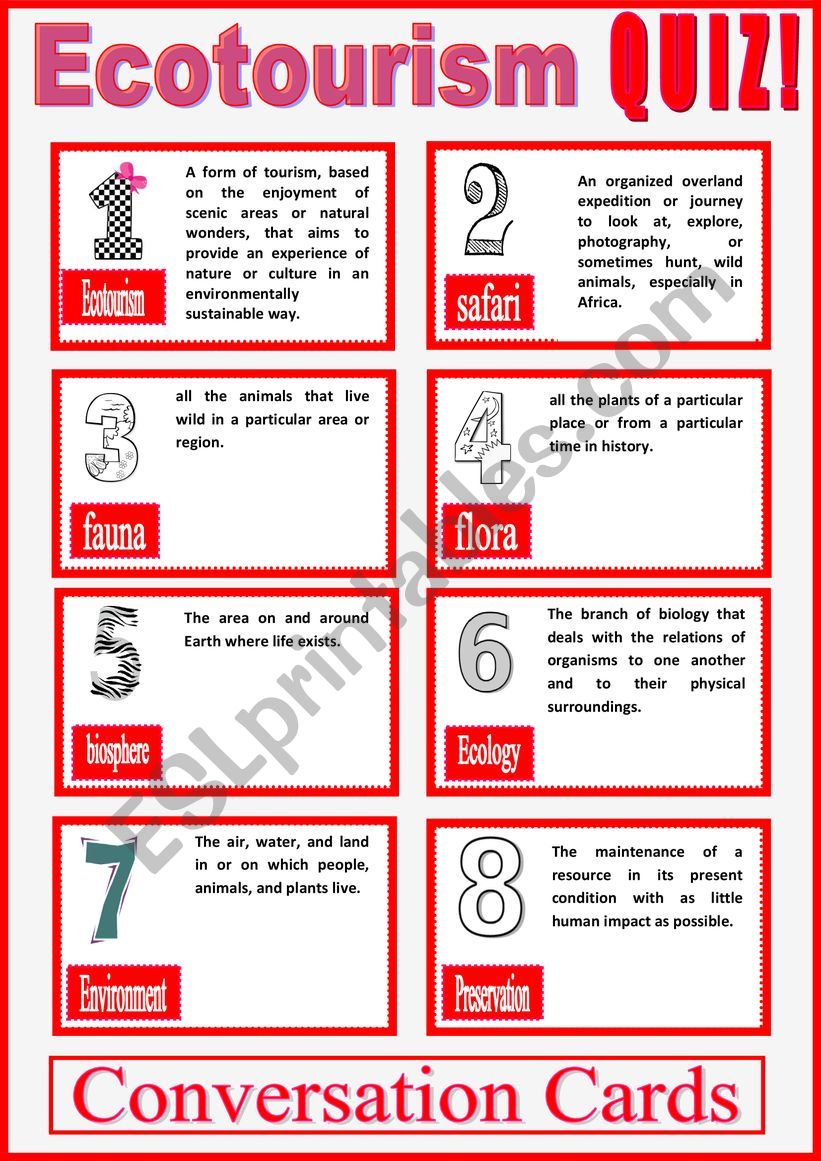 Ecotourism related words QUIZ. Conversation CARDS.