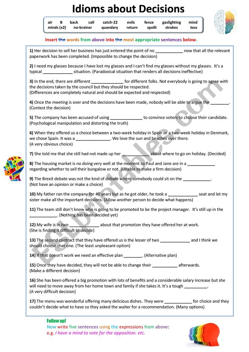 Idioms about Decisions worksheet