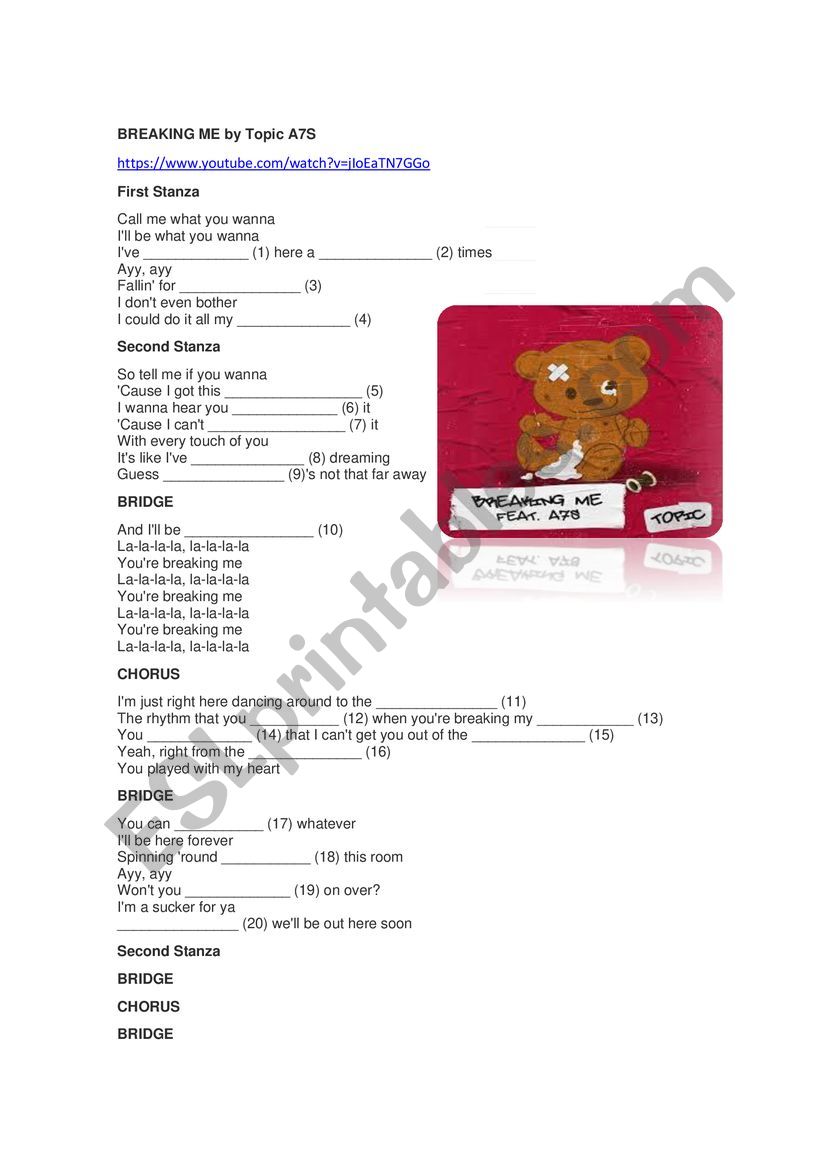 Breaking Me by Topic A7S worksheet