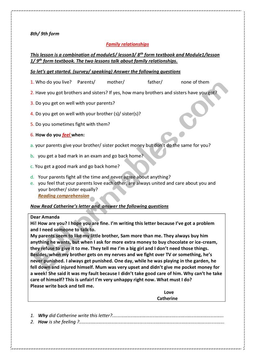 family relationships worksheet