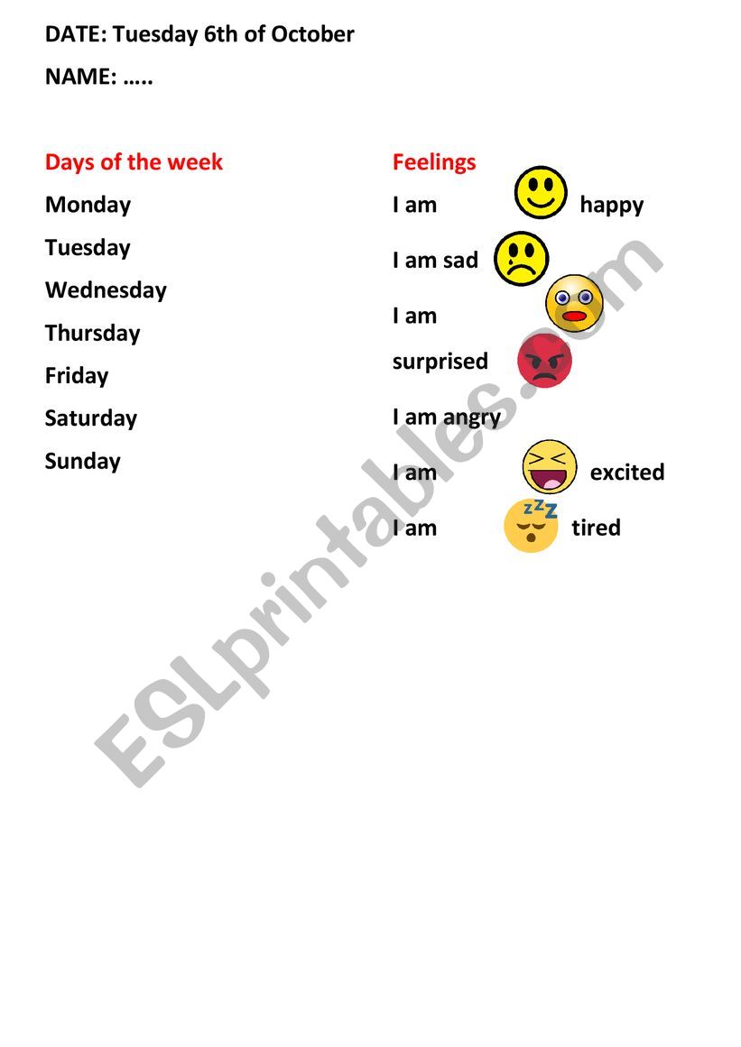 Days and emotions worksheet