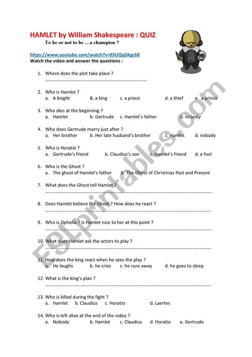 hamlet : a quiz for kids  worksheet
