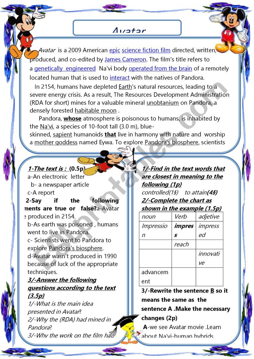 Avatar worksheet