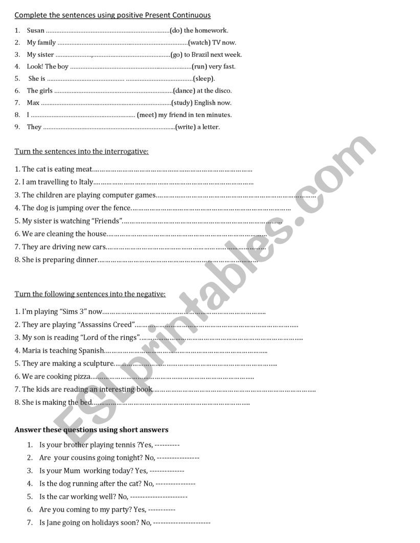 present continuous worksheet