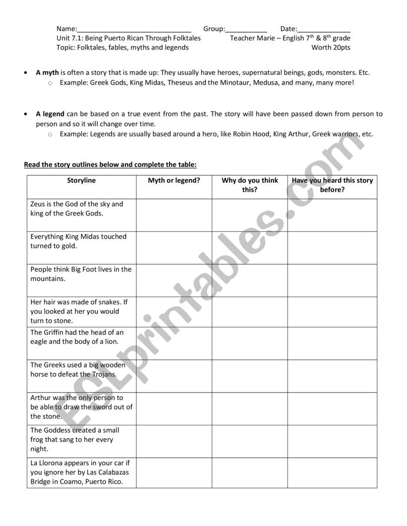 Myth or Legend Worksheet worksheet