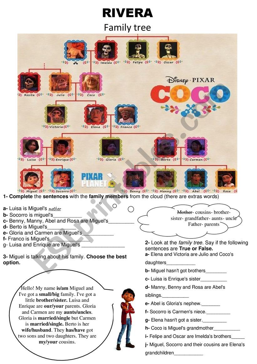 CocoÂ´s family (Coco- movie) worksheet