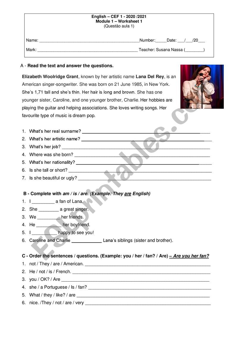 Lana del Rey, verb to be worksheet