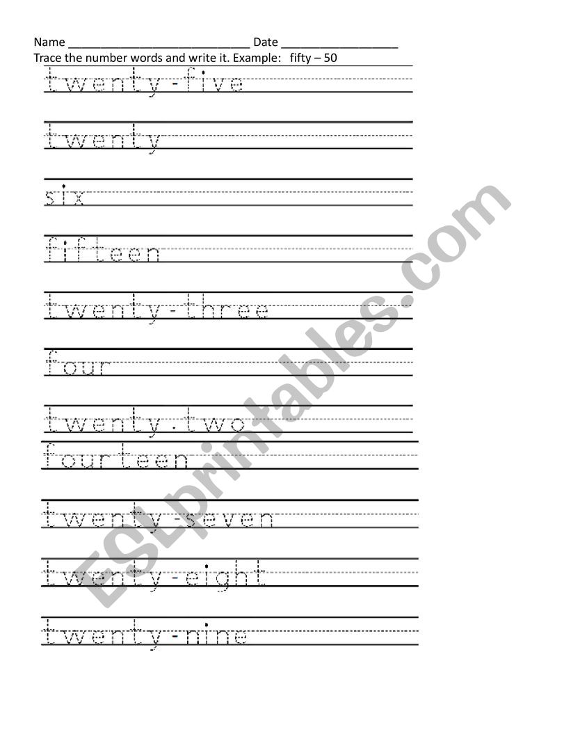 Trace number words worksheet